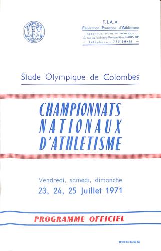 PROGRAMME OFFICIEL CHAMPIONNATS NATIONAUX ATHLÉTISME 1971