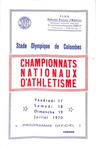 PROGRAMME OFFICIEL CHAMPIONNATS NATIONAUX ATHLÉTISME 1970