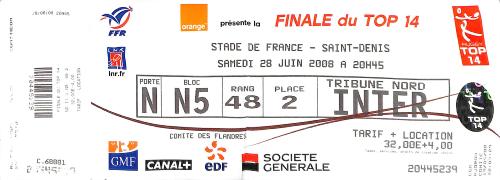 BILLET ENTIER FINALE CHAMPIONNAT DE FRANCE 2008 DE RUGBY