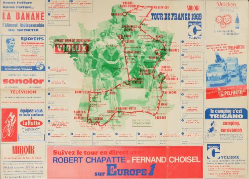 CARTE OFFICIELLE DU TOUR DE FRANCE 1969 SUPPLÉMENT D'UNE REVUE