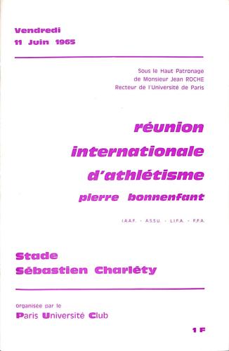 PROGRAMME OFFICIEL RÉUNION INTERNATIONALE ATHLÉTISME 1965