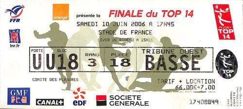 BILLET FINALE CHAMPIONNAT DE FRANCE 2006 DE RUGBY