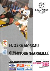 PROGRAMME OFFICIEL CHAMPIONS LEAGUE CSKA MOSCOU VS OLYMPIQUE DE MARSEILLE DU 3 MARS 1993