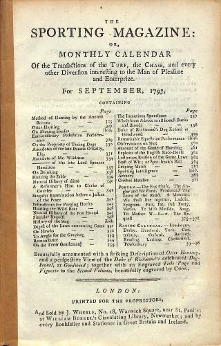 LIVRE « THE SPORTING MAGAZINE OR MONTHLY CALENDAR » FOR SEPTEMBER, 1793