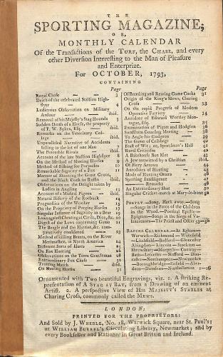 LIVRE « THE SPORTING MAGAZINE OR MONTHLY CALENDAR » FOR OCTOBER, 1793