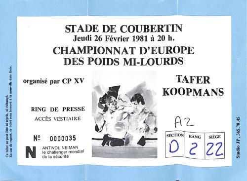 BILLET PRESSE DU CHAMPIONNAT D'EUROPE ENTRE TAFER ET KOOPMANS LE 26 FÉVRIER 1981