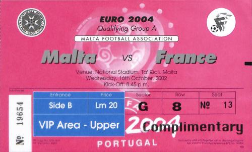 Billet Malte vs France du 16 octobre 2002