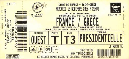 Billet entier France vs Grèce du 15 novembre 2006