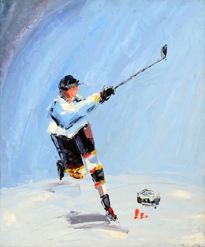 HUILE SUR TOILE ENCADRÉE "LE HOCKEYEUR" OEUVRE CONTEMPORAINE SIGNÉE LÉO