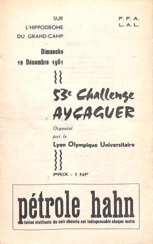 PROGRAMME OFFICIEL 53E CHALLENGE AYÇAGUER ATHLÉTISME 1961