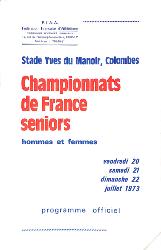 PROGRAMME OFFICIEL CHAMPIONNATS DE FRANCE ATHLÉTISME 1973