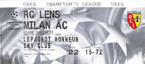 BILLET RC LENS VS MILAN AC DU 29 OCTOBRE 2002