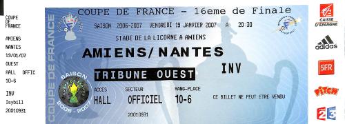 BILLET ENTIER AMIENS SC VS NANTES DU 19 JANVIER 2007