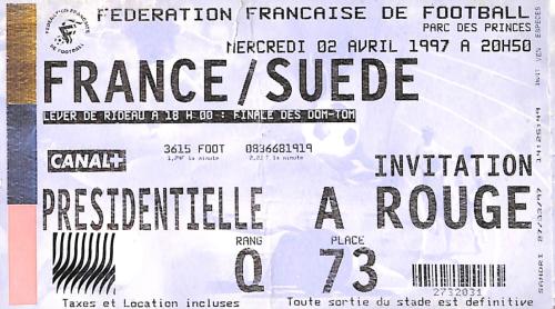 Billet France vs Suède du 2 avril 1997