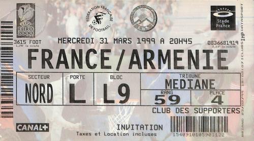 Billet France vs Arménie du 31 mars 1999