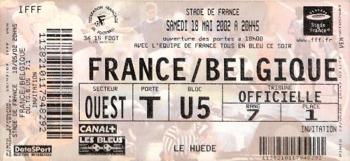 Billet entier France vs Belgique du 18 mai 2002