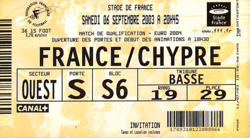 Billet France vs Chypre du 6 septembre 2003