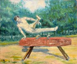 HUILE SUR TOILE REPRÉSENTANT UN GYMNASTE AU CHEVAL D'ARÇON