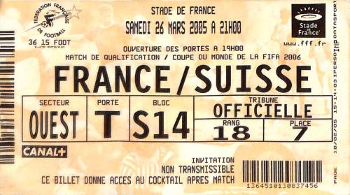 Billet France vs Suisse du 26 mars 2005