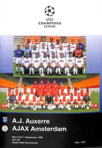PROGRAMME OFFICIEL CHAMPIONS LEAGUE A.J. AUXERRE VS AJAX AMSTERDAM DU 11 SEPTEMBRE 1996