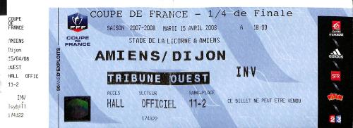 BILLET ENTIER AMIENS SC VS DIJON DU 15 AVRIL 2008