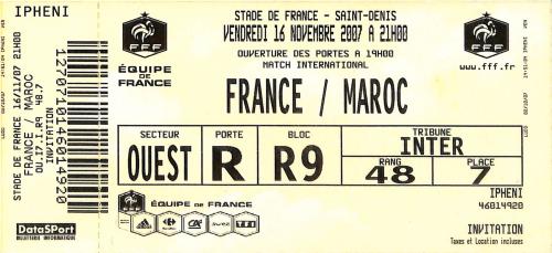 Billet entier France vs Maroc du 16 novembre 2007