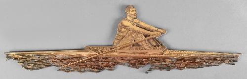  SUPERBE PLAQUE D'IMPRIMERIE EN BRONZE DE LA FIN DU XIXÈ SIÈCLE FIGURANT UN RAMEUR