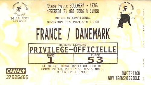 BILLET FRANCE VS DANEMARK DU 31 MAI 2006