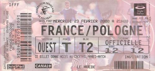 Billet entier France vs Pologne du 23 février 2000