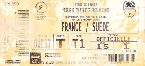 Billet entier France vs Suède du 9 février 2005