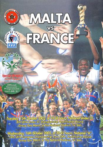 PROGRAMME OFFICIEL DU MATCH MALTE VS FRANCE DU 16 OCTOBRE 2002