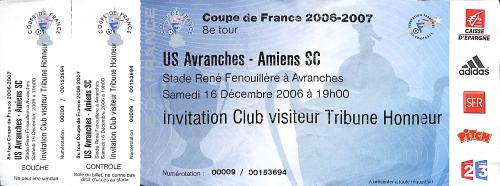 BILLET ENTIER US AVRANCHES VS AMIENS SC DU 16 DÉCEMBRE 2006