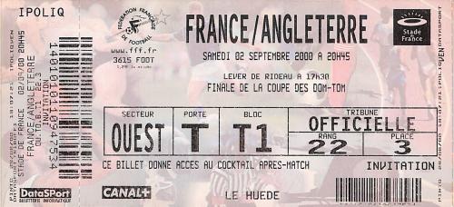 Billet entier France vs Angleterre du 2 septembre 2000