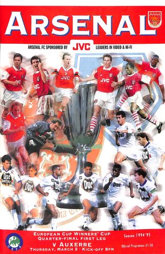 PROGRAMME OFFICIEL COUPE DES VAINQUEURS DE COUPES ARSENAL VS AJ AUXERRE DU 2 MARS 1995