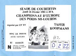 BILLET PRESSE DU CHAMPIONNAT D'EUROPE ENTRE TAFER ET KOOPMANS LE 26 FÉVRIER 1981