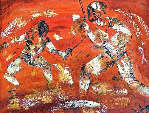 HUILE SUR TOILE "L'ASSAUT" SIGNÉE VIRGINIE LINARD ET DATÉE DE 2009