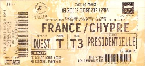 Billet entier France vs Chypre du 12 octobre 2005