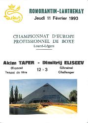 PROGRAMME OFFICIEL DU CHAMPIONNAT D'EUROPE ENTRE TAFER ET ELISEEV LE 11 FÉVRIER 1993