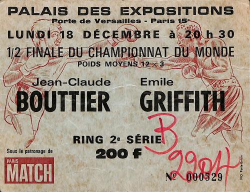 BILLET DU COMBAT ENTRE BOUTTIER ET GRIFFITH LE 18 DÉCEMBRE 1972