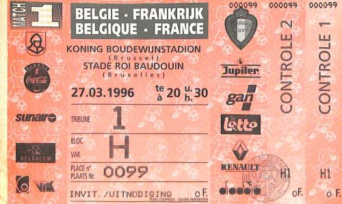 Billet entier Belgique vs France du 27 mars 1996