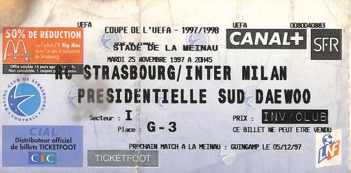 Billet RC Strasbourg vs Inter Milan du 25 novembre 1997