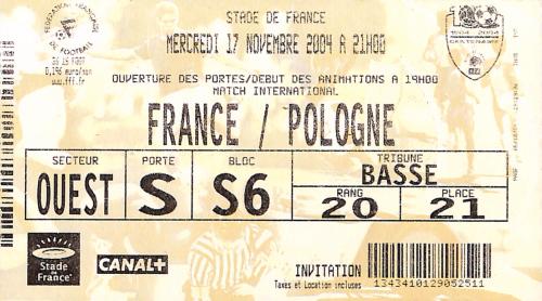 Billet France vs Pologne du 17 novembre 2004
