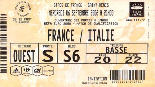 Billet France vs Italie du 6 septembre 2006
