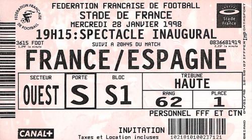 Billet France vs Espagne du 28 janvier 1998
