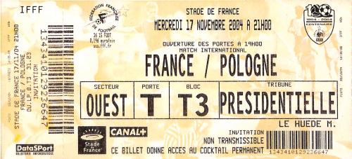 Billet entier France vs Pologne du 17 novembre 2004