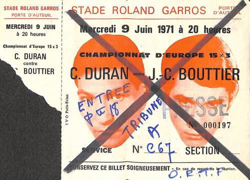BILLET PRESSE DU CHAMPIONNAT D'EUROPE ENTRE DURAN ET BOUTTIER LE 9 JUIN 1971