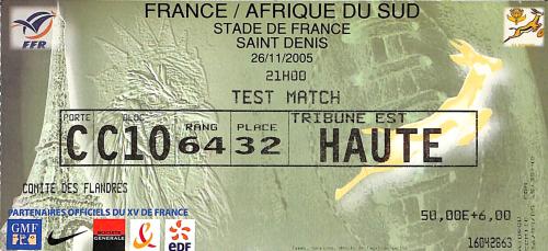 BILLET TEST MATCH DE RUGBY DU 26 NOVEMBRE 2005