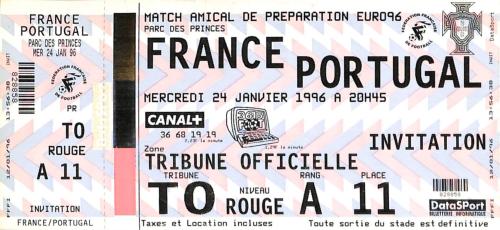 Billet entier France vs Portugal du 24 janvier 1996