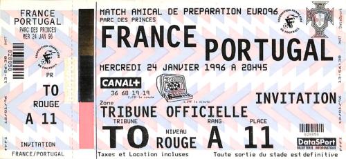 Billet entier France vs Portugal du 24 janvier 1996
