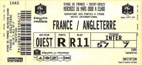 Billet entier France vs Angleterre du 26 mars 2008